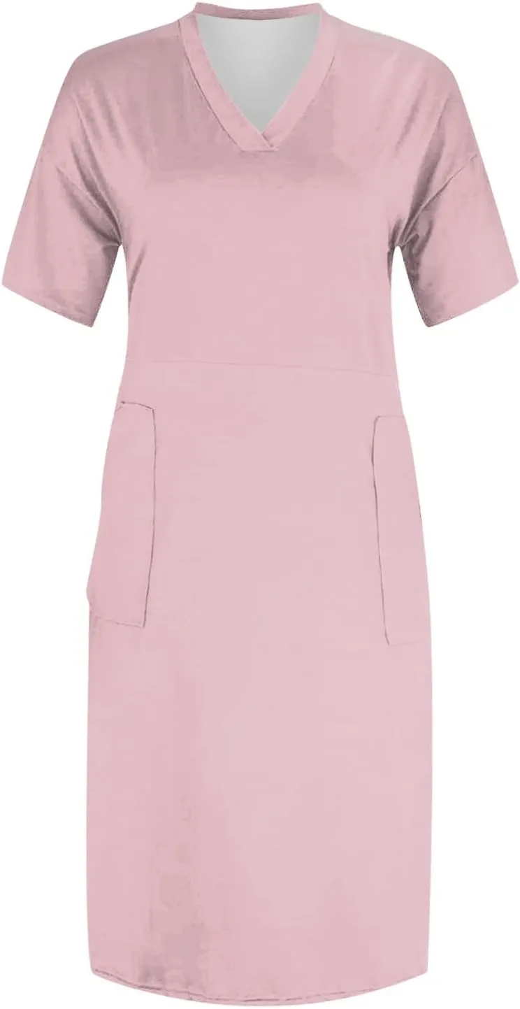 Plus Size Dresses for Curvy Women Summer 2025 Casual Short Sleeve V Neck Midi Dress with Pockets Beach Vacation Dress
