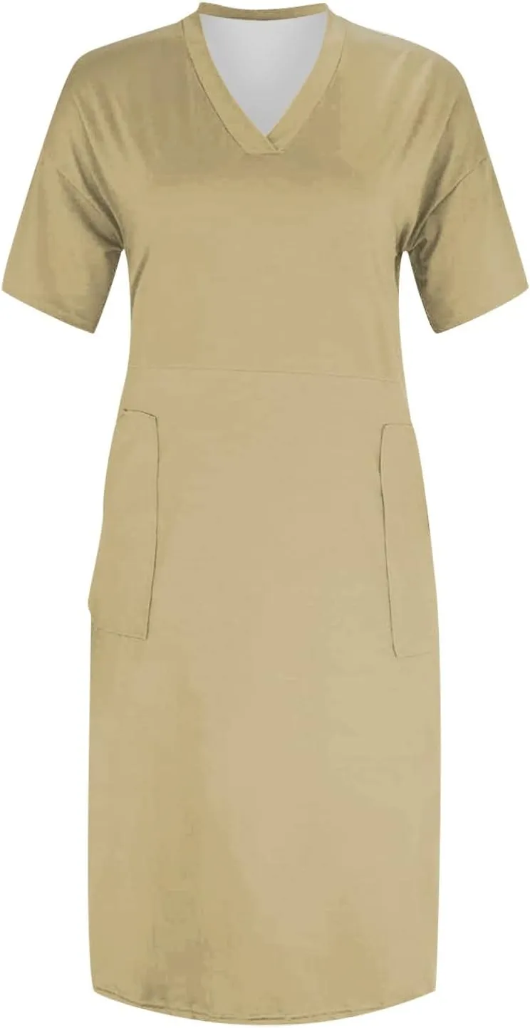 Plus Size Dresses for Curvy Women Summer 2025 Casual Short Sleeve V Neck Midi Dress with Pockets Beach Vacation Dress
