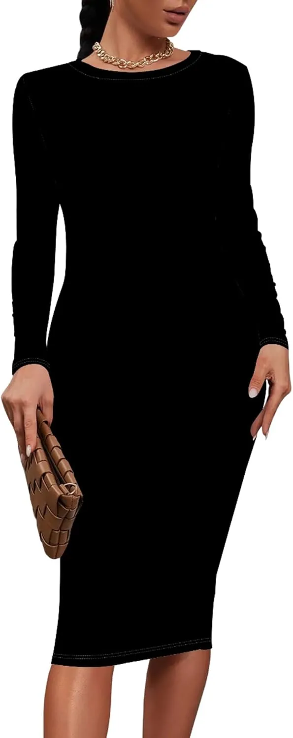Plus Size Fall Midi Bodycon Dress for Curvy Women Round Neck Long Sleeve Knee Length Casual Dress Party Club Work Dress