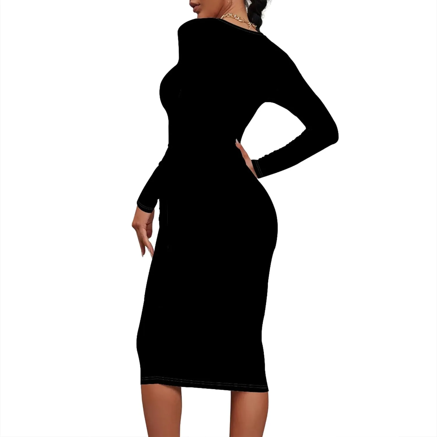 Plus Size Fall Midi Bodycon Dress for Curvy Women Round Neck Long Sleeve Knee Length Casual Dress Party Club Work Dress