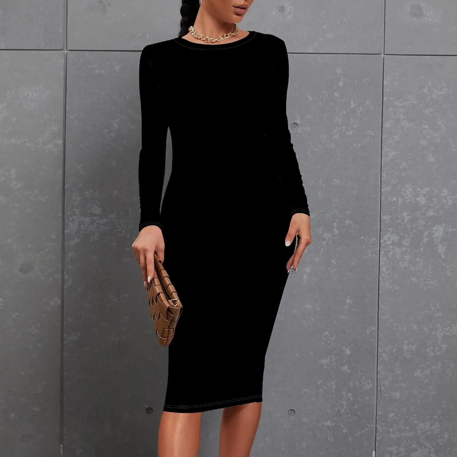 Plus Size Fall Midi Bodycon Dress for Curvy Women Round Neck Long Sleeve Knee Length Casual Dress Party Club Work Dress