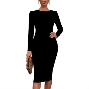 Plus Size Fall Midi Bodycon Dress for Curvy Women Round Neck Long Sleeve Knee Length Casual Dress Party Club Work Dress