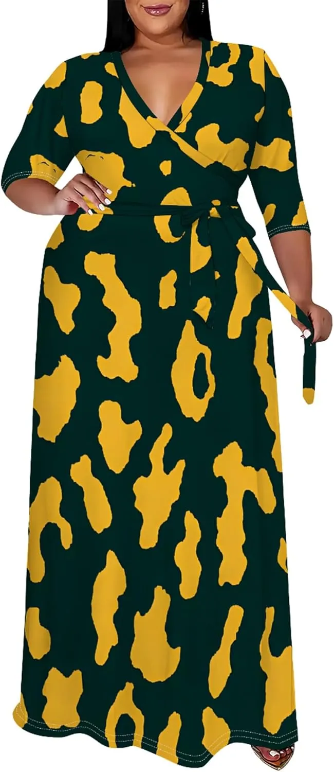 Plus Size Women's Autumn Dresses Long Flowy 3/4 Sleeve Dress Sexy V Neck Leopard Print Maxi Dress with Belt