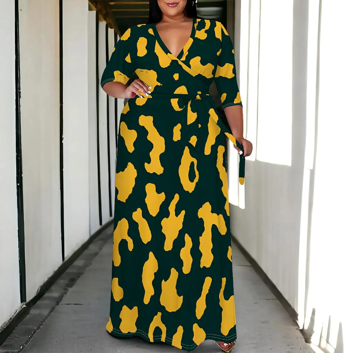 Plus Size Women's Autumn Dresses Long Flowy 3/4 Sleeve Dress Sexy V Neck Leopard Print Maxi Dress with Belt