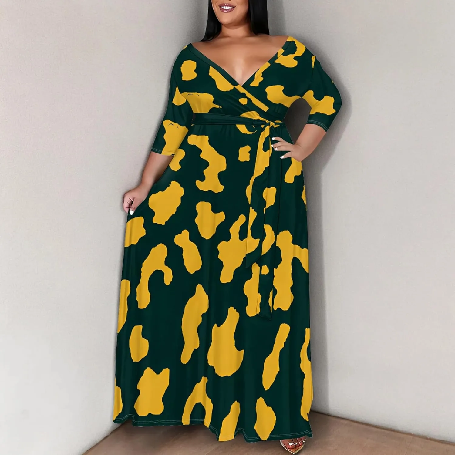 Plus Size Women's Autumn Dresses Long Flowy 3/4 Sleeve Dress Sexy V Neck Leopard Print Maxi Dress with Belt