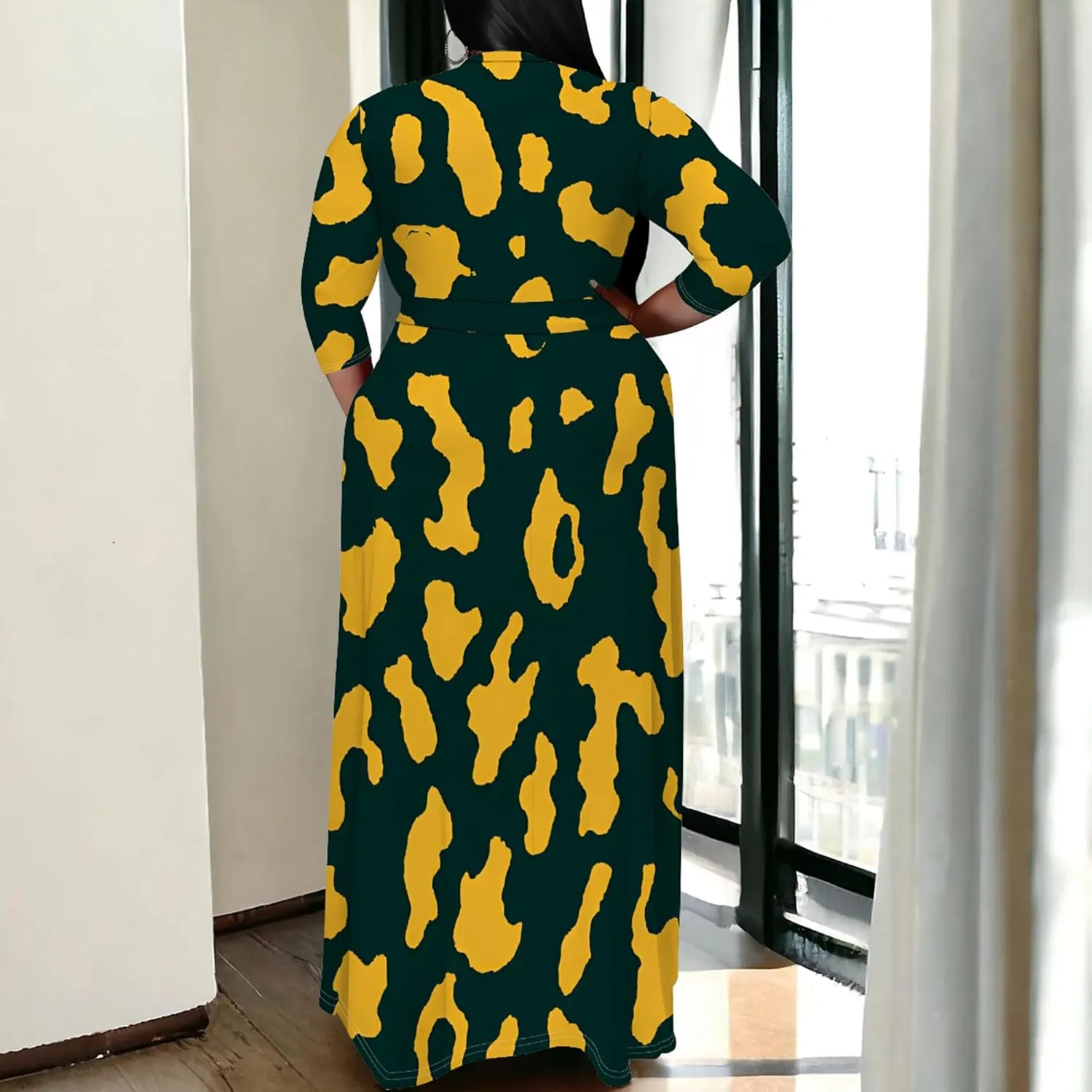 Plus Size Women's Autumn Dresses Long Flowy 3/4 Sleeve Dress Sexy V Neck Leopard Print Maxi Dress with Belt