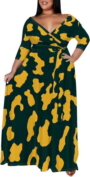 Plus Size Women's Autumn Dresses Long Flowy 3/4 Sleeve Dress Sexy V Neck Leopard Print Maxi Dress with Belt