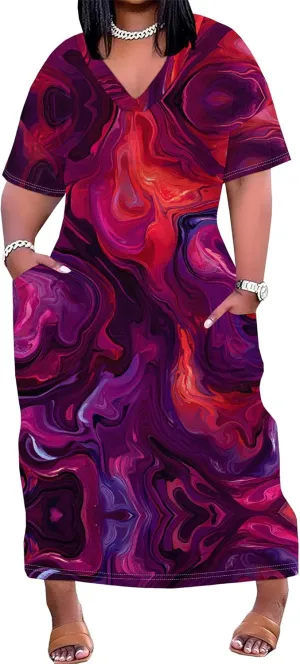 Plus Size Women's Floral Maxi Color Dresses Casual Loose Pocket Short Sleeve Long Maxi Dress