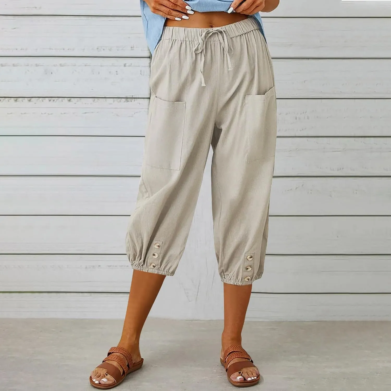 PTOLOCIF Linen Pants for Women,Lightweight Boho Pants Drawstring Elastic Waist Pants High Waisted Beach Palazzo Pants