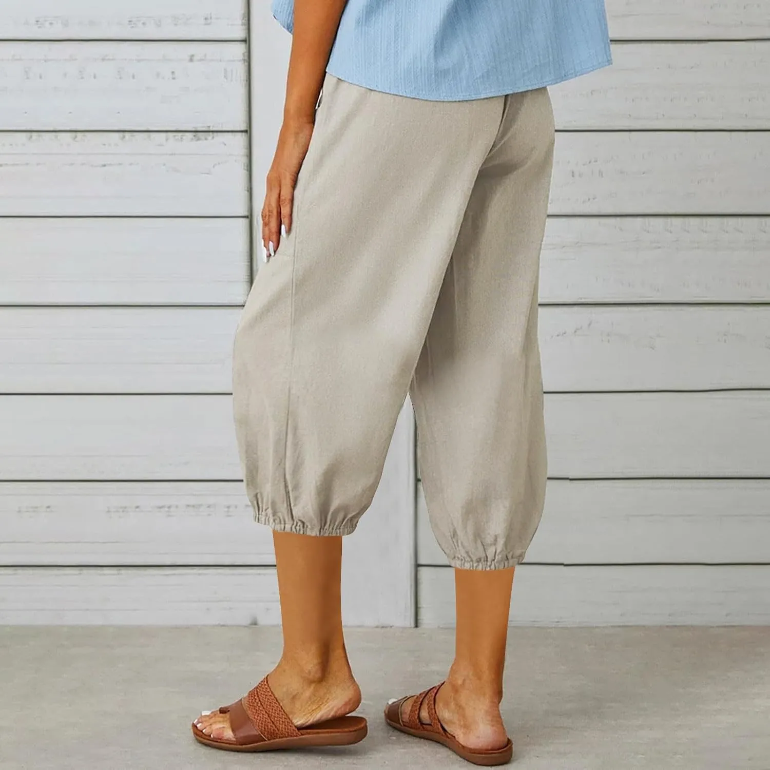 PTOLOCIF Linen Pants for Women,Lightweight Boho Pants Drawstring Elastic Waist Pants High Waisted Beach Palazzo Pants