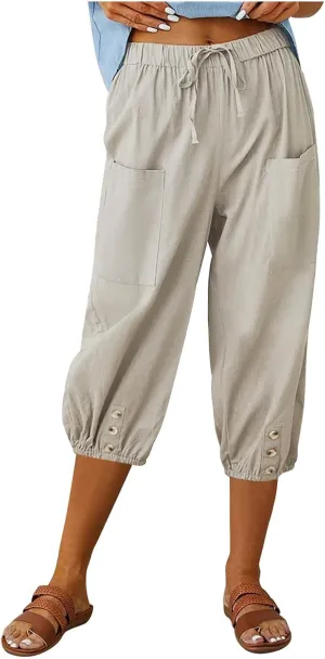 PTOLOCIF Linen Pants for Women,Lightweight Boho Pants Drawstring Elastic Waist Pants High Waisted Beach Palazzo Pants