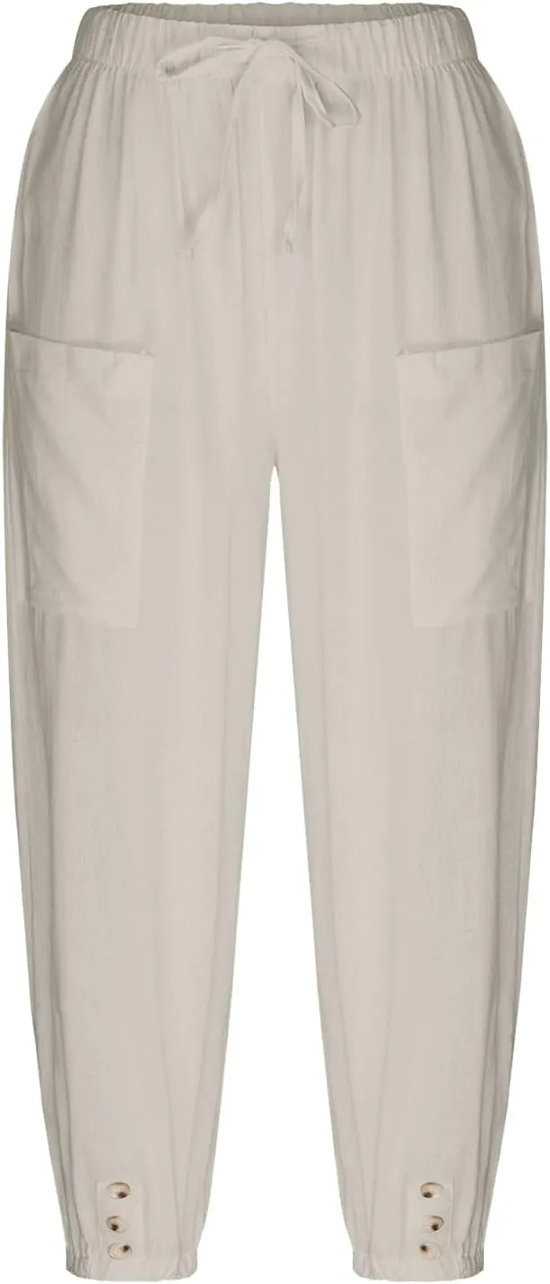 PTOLOCIF Linen Pants for Women,Lightweight Boho Pants Drawstring Elastic Waist Pants High Waisted Beach Palazzo Pants