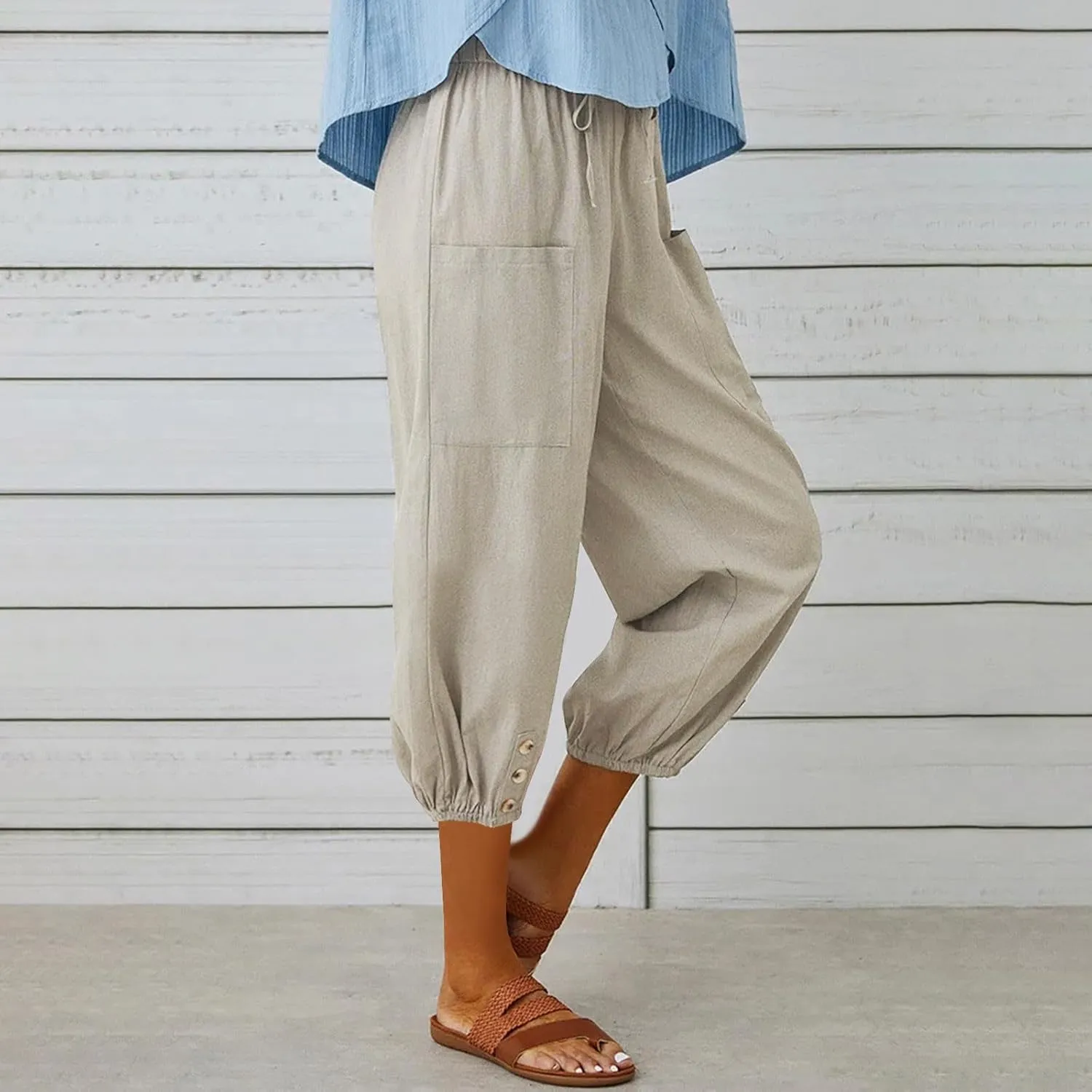 PTOLOCIF Linen Pants for Women,Lightweight Boho Pants Drawstring Elastic Waist Pants High Waisted Beach Palazzo Pants
