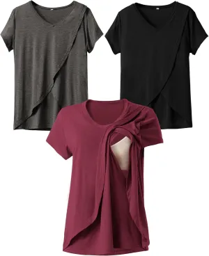 Rnxrbb V Neck Nursing Tops for Breastfeeding Tshirts Summer Postpartum Clothes Sets Short Sleeve 3 Pack Double Layer