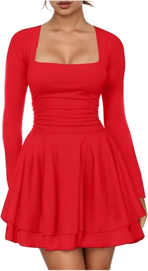 Rvidbe Summer Dresses for Women 2025 Square Neck Ruffle Hem Mini Dress Ruched Waist Long Sleeve Corset Short Party Dresses