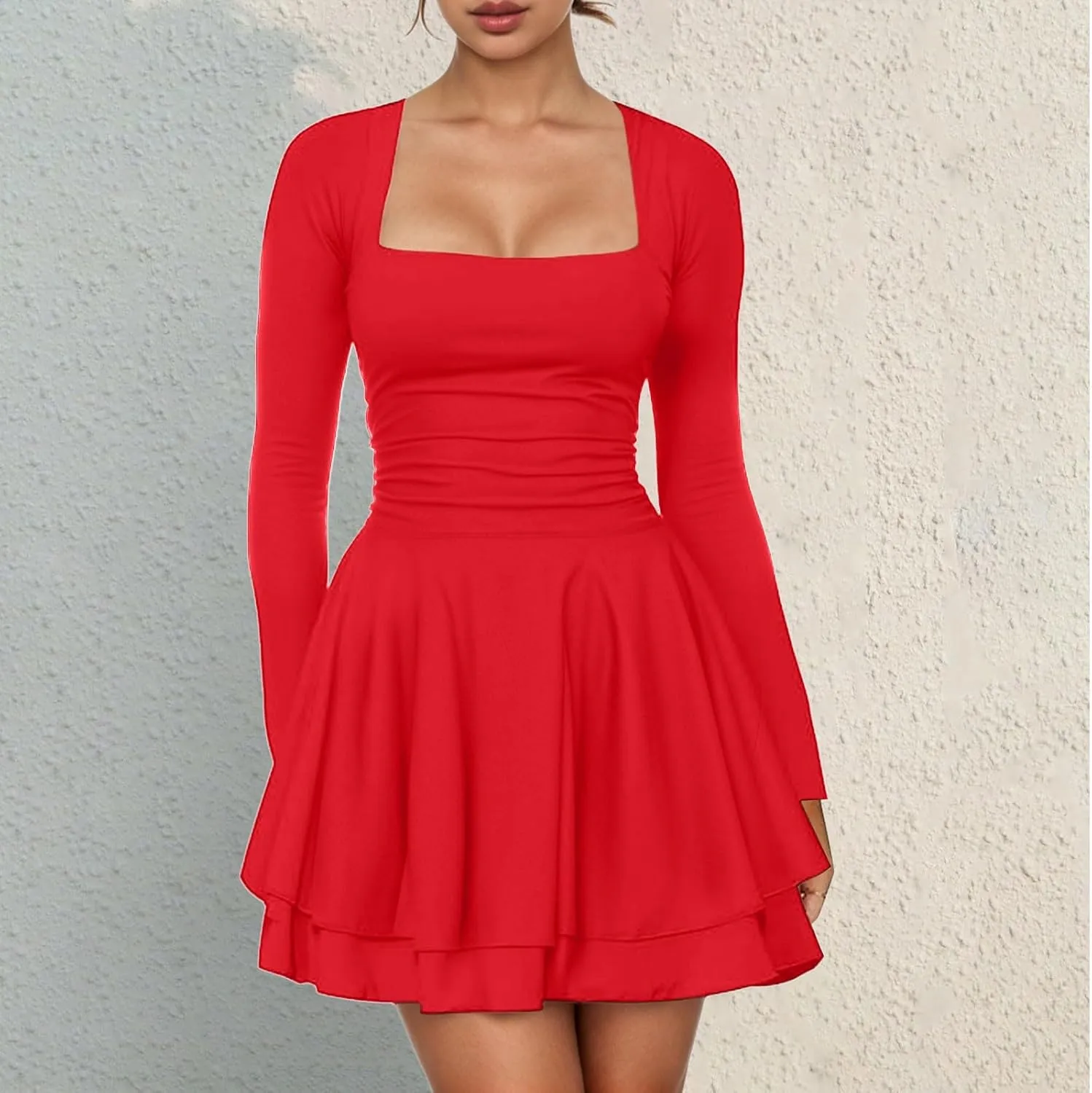 Rvidbe Summer Dresses for Women 2025 Square Neck Ruffle Hem Mini Dress Ruched Waist Long Sleeve Corset Short Party Dresses
