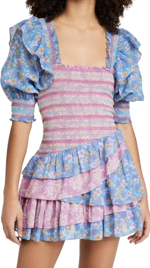 Sastianaen Women Y2k Boho Floral Mini Dress Square Neck Puff Short Sleeve Dress Flowy Ruffle Babydoll A Line Dress