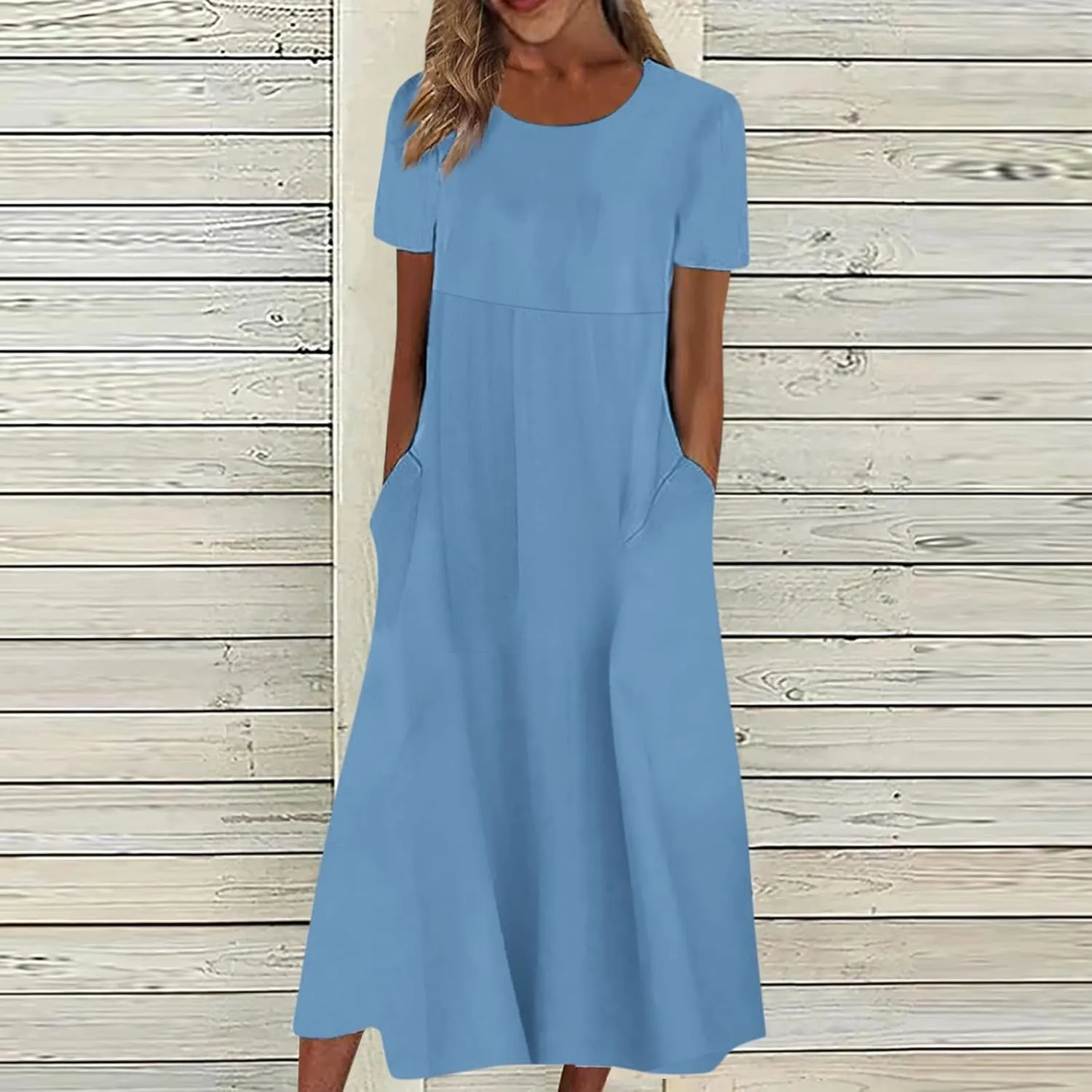 Segaven Dresses for Women 2024 Printed Round Neck Long Dresses Pocket Pleated Dresses Short Sleeve Casual Maxi Dress