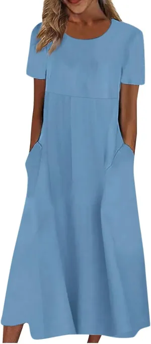 Segaven Dresses for Women 2024 Printed Round Neck Long Dresses Pocket Pleated Dresses Short Sleeve Casual Maxi Dress