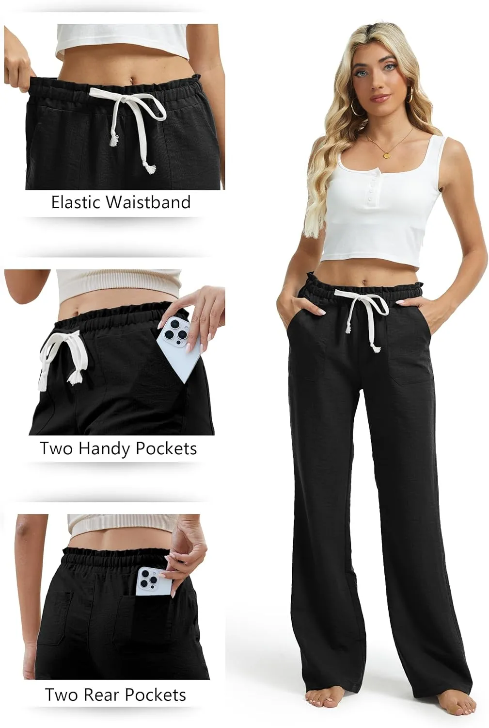 SEVEGO Tall Women Casual Linen Pants 30"/32"/34"/36" Inseam Drawstring Smocked Waist Beach Summer Trousers with Pockets
