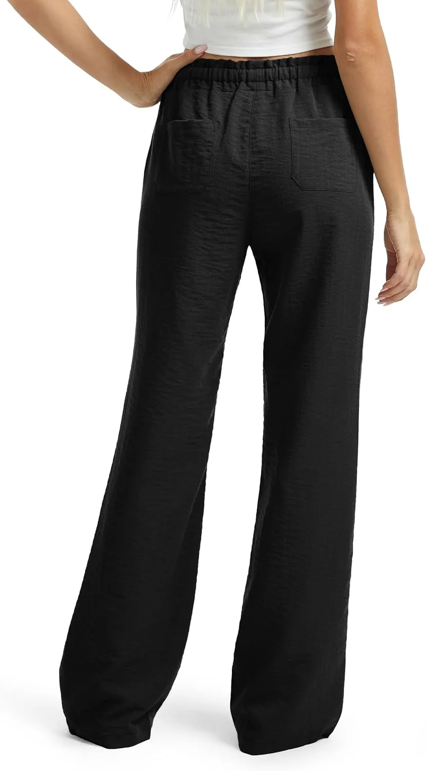 SEVEGO Tall Women Casual Linen Pants 30"/32"/34"/36" Inseam Drawstring Smocked Waist Beach Summer Trousers with Pockets