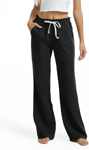 SEVEGO Tall Women Casual Linen Pants 30"/32"/34"/36" Inseam Drawstring Smocked Waist Beach Summer Trousers with Pockets