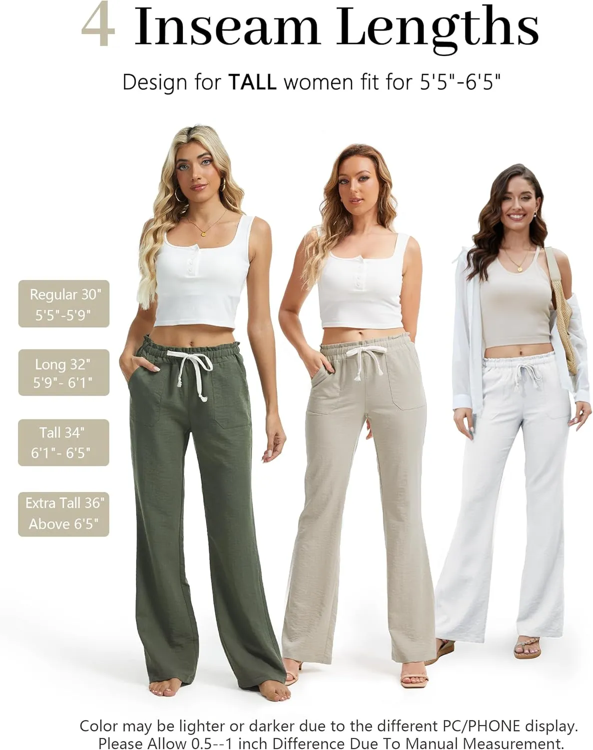 SEVEGO Tall Women Casual Linen Pants 30"/32"/34"/36" Inseam Drawstring Smocked Waist Beach Summer Trousers with Pockets