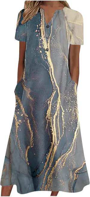 SGASY Summer Dresses for Women 2024 Plus Size Short Sleeve Button Down Boho Midi Sundress House Dress with Pockets