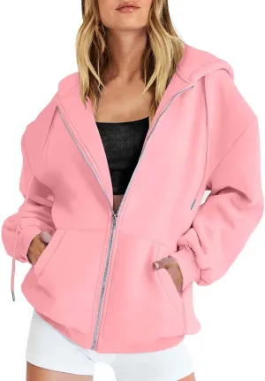 SHAOBGE Fall Sweatshirts for Women Zip Up Hoodies Oversized Sweatshirt Y2K Clothing Casual Drawstring Jacket with Pockets