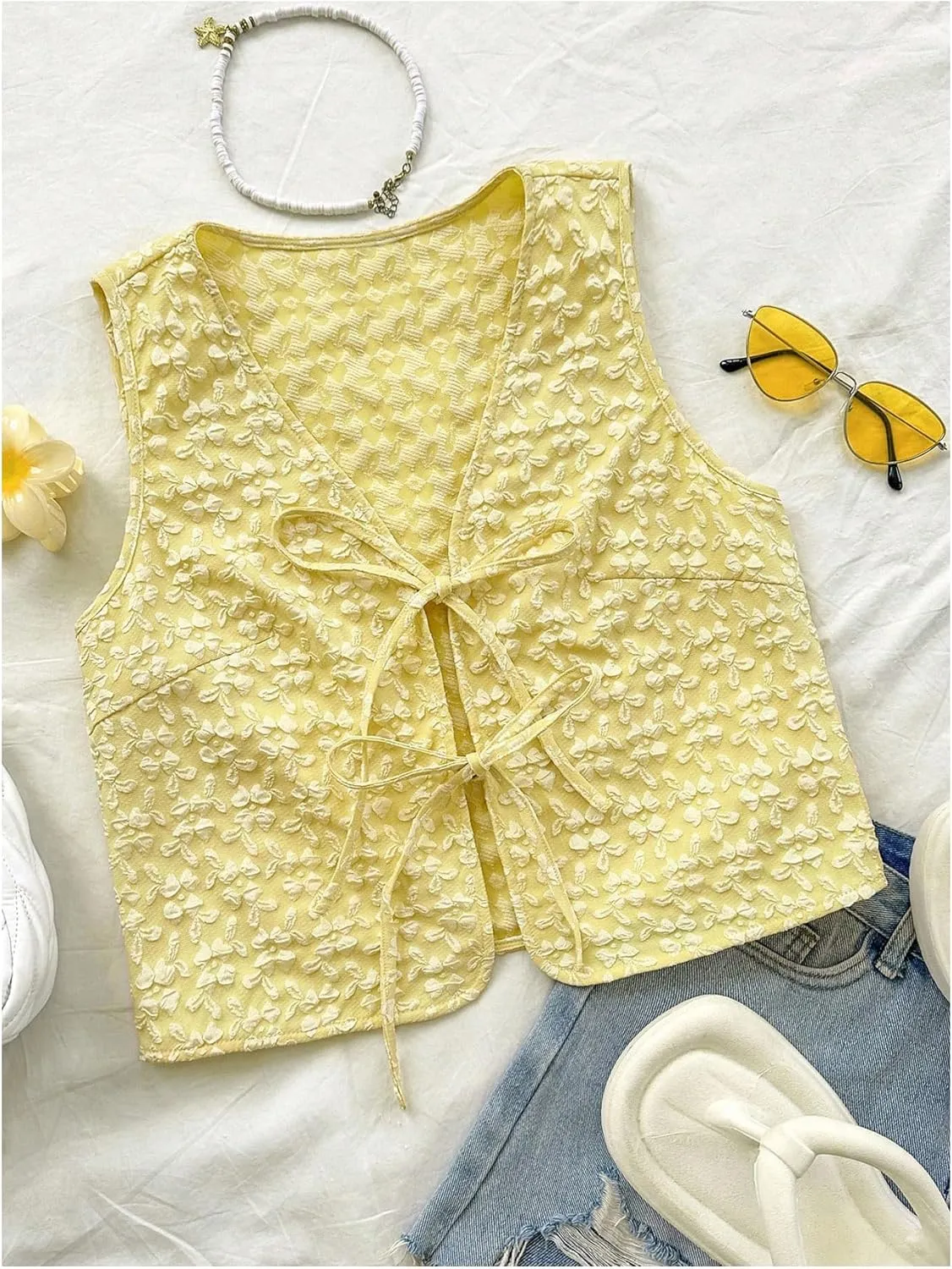 SHENHE Women's Tie Front Textured Floral Tank Top V Neck Sleeveless Casual Boho Vest