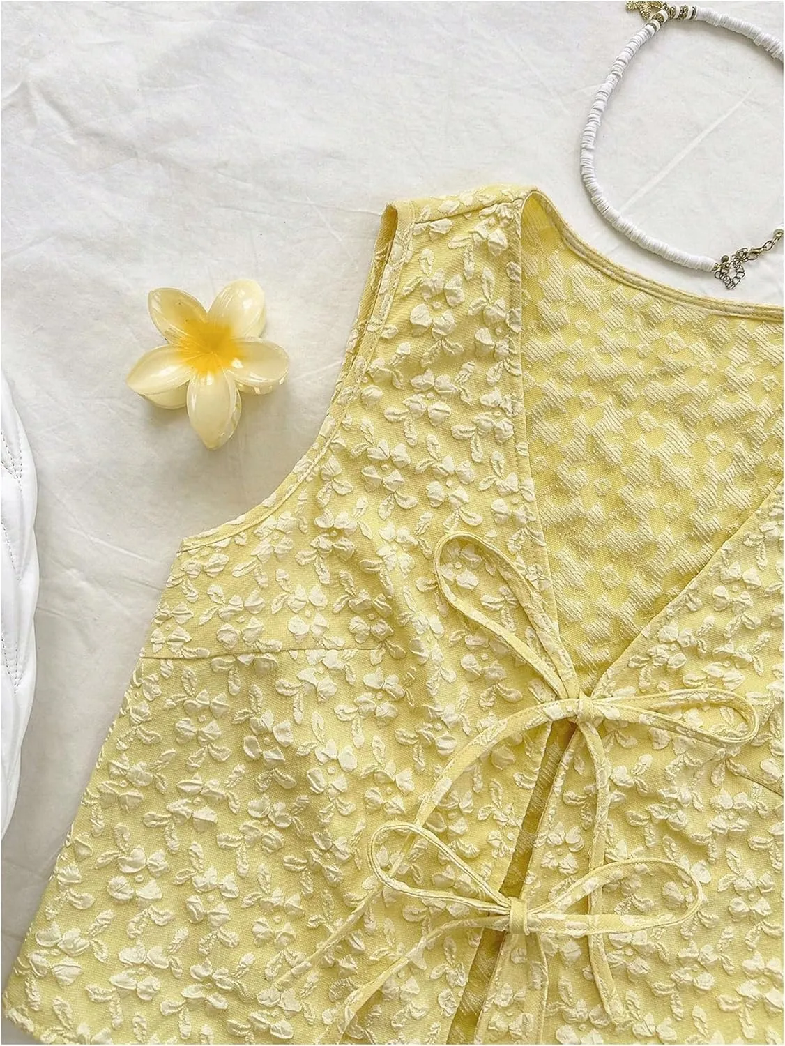 SHENHE Women's Tie Front Textured Floral Tank Top V Neck Sleeveless Casual Boho Vest