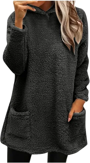 Sherpa Hoodie Dress for Women Cute Fuzzy Long Sleeve Sweatshirt Dress Casual Fall Mini Sweater Dress with Pockets