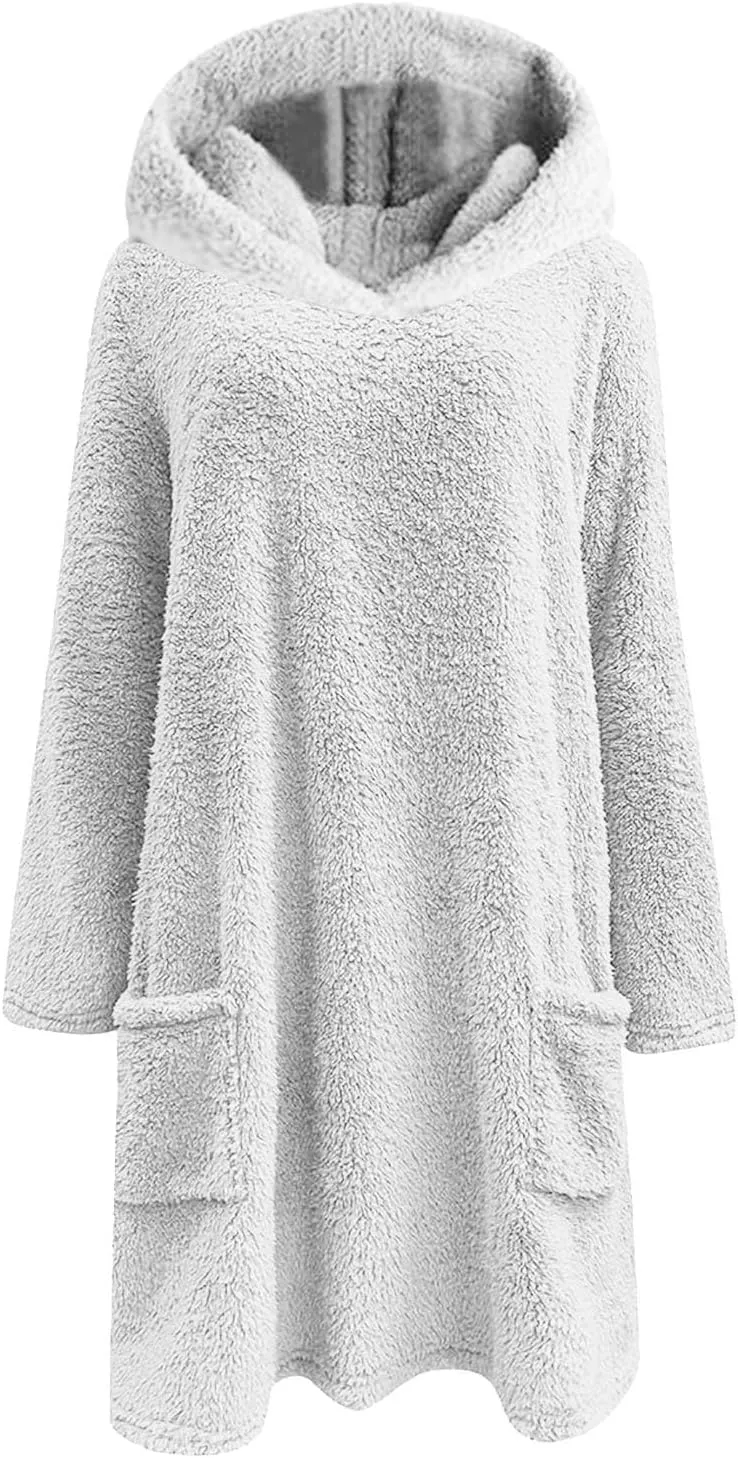 Sherpa Hoodie Dress for Women Cute Fuzzy Long Sleeve Sweatshirt Dress Casual Fall Mini Sweater Dress with Pockets