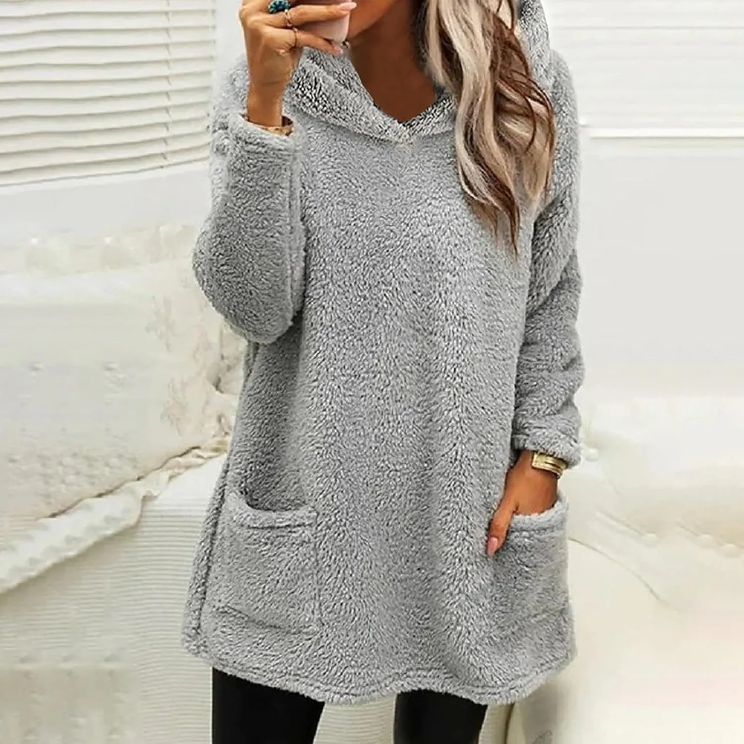 Sherpa Hoodie Dress for Women Cute Fuzzy Long Sleeve Sweatshirt Dress Casual Fall Mini Sweater Dress with Pockets
