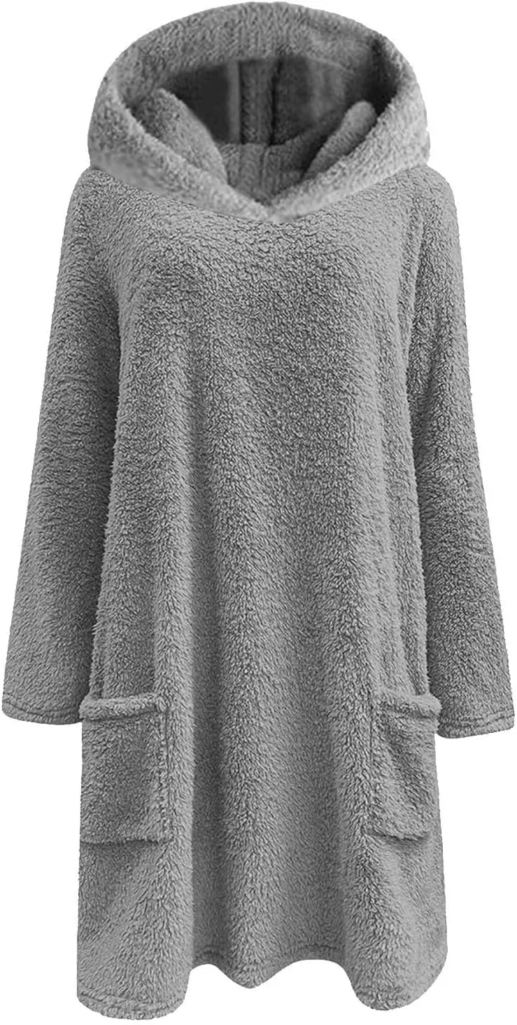 Sherpa Hoodie Dress for Women Cute Fuzzy Long Sleeve Sweatshirt Dress Casual Fall Mini Sweater Dress with Pockets
