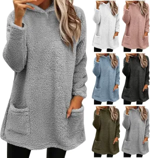Sherpa Hoodie Dress for Women Cute Fuzzy Long Sleeve Sweatshirt Dress Casual Fall Mini Sweater Dress with Pockets