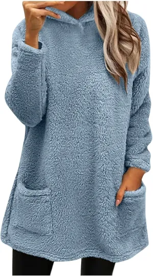 Sherpa Hoodie Dress for Women Cute Fuzzy Long Sleeve Sweatshirt Dress Casual Fall Mini Sweater Dress with Pockets