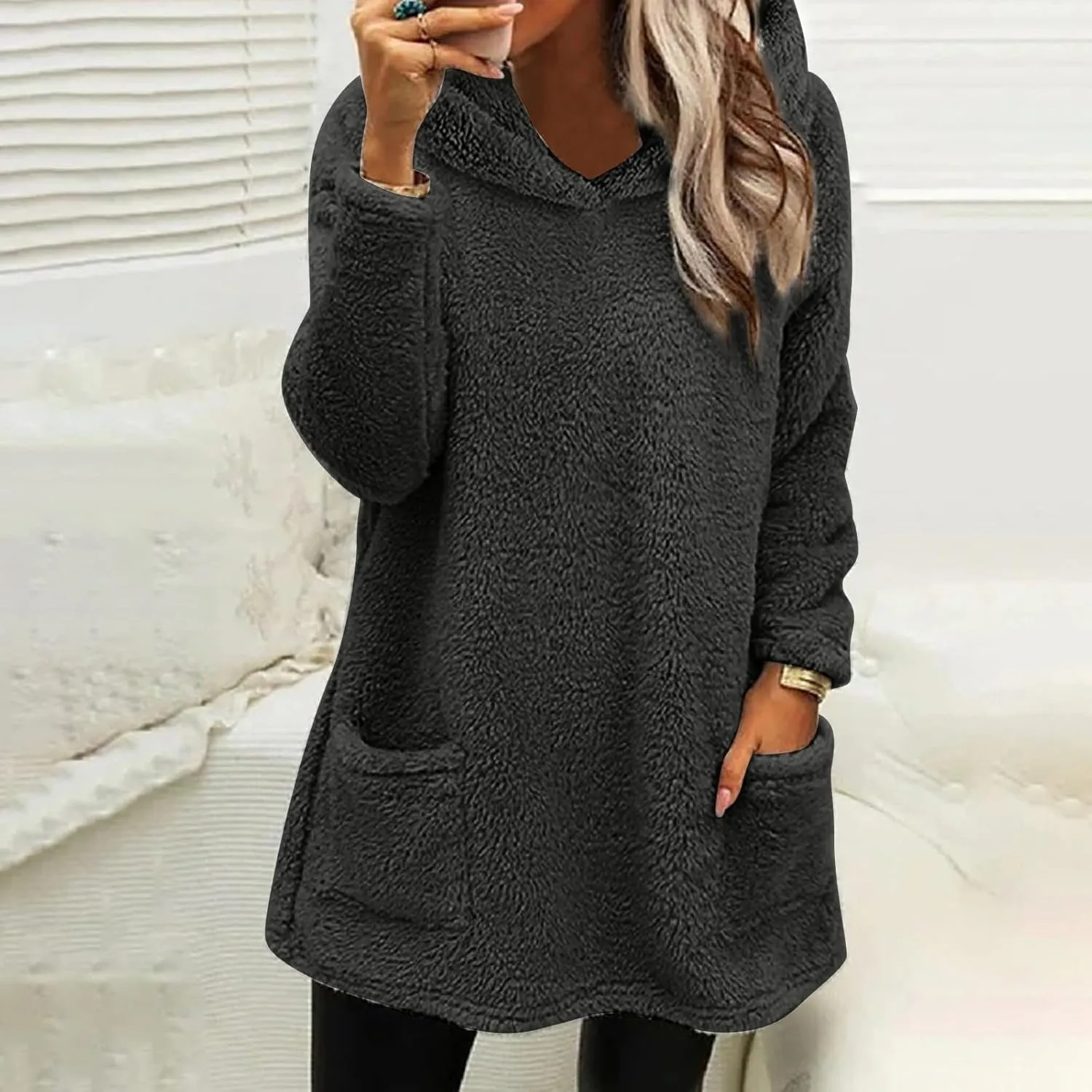 Sherpa Hoodie Dress for Women Cute Fuzzy Long Sleeve Sweatshirt Dress Casual Fall Mini Sweater Dress with Pockets