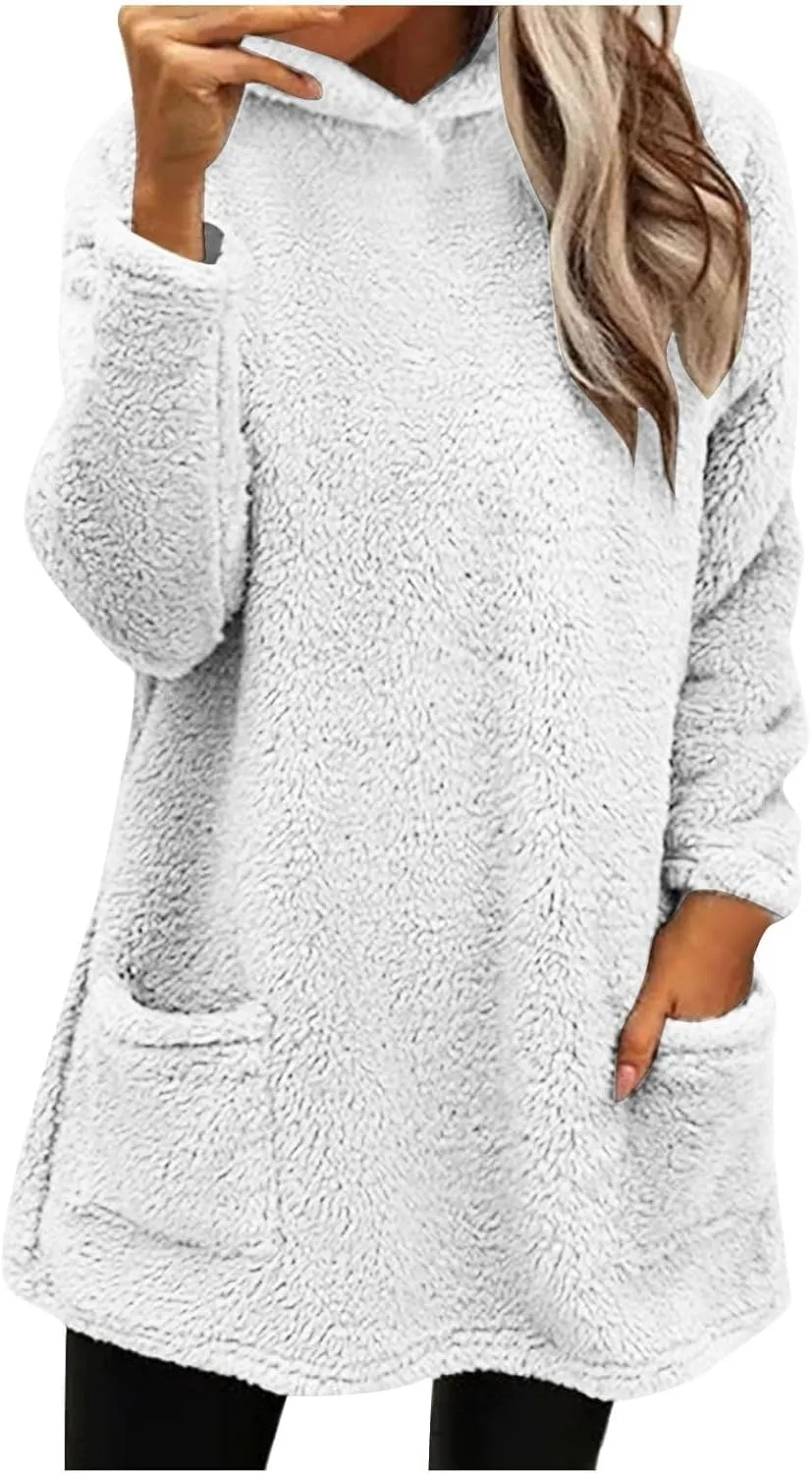 Sherpa Hoodie Dress for Women Cute Fuzzy Long Sleeve Sweatshirt Dress Casual Fall Mini Sweater Dress with Pockets