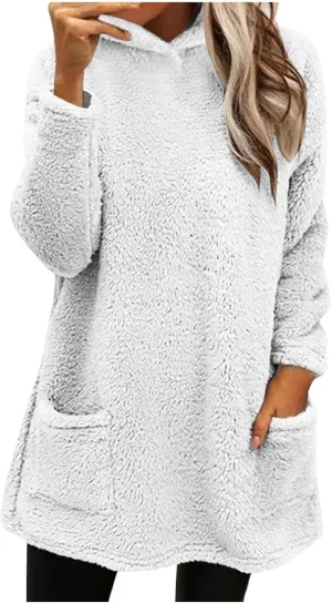 Sherpa Hoodie Dress for Women Cute Fuzzy Long Sleeve Sweatshirt Dress Casual Fall Mini Sweater Dress with Pockets