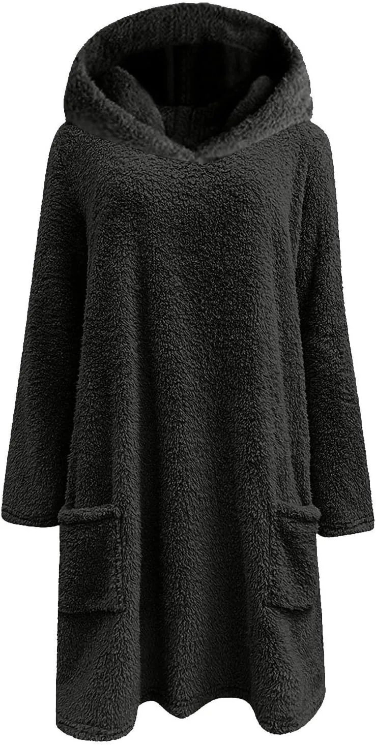 Sherpa Hoodie Dress for Women Cute Fuzzy Long Sleeve Sweatshirt Dress Casual Fall Mini Sweater Dress with Pockets
