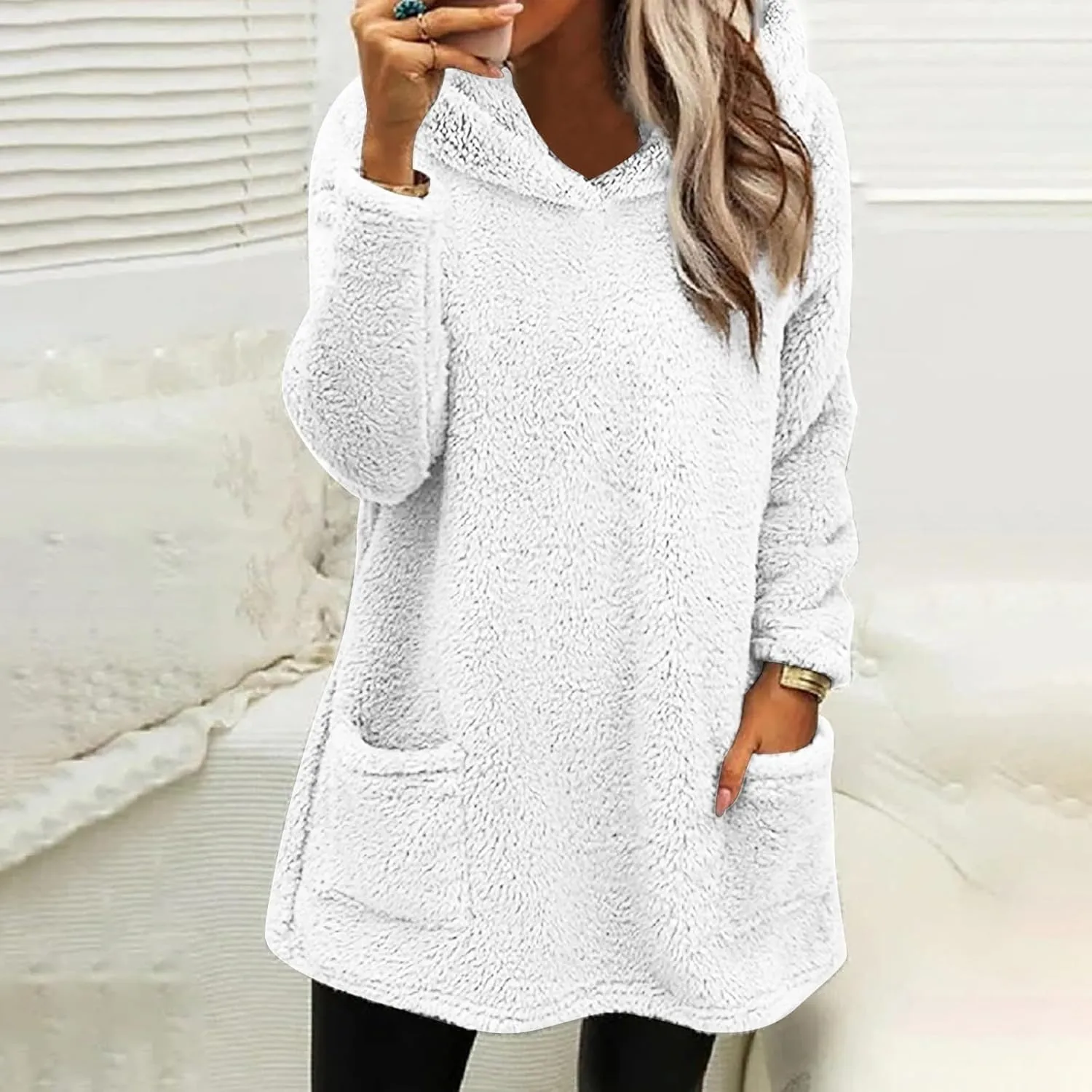 Sherpa Hoodie Dress for Women Cute Fuzzy Long Sleeve Sweatshirt Dress Casual Fall Mini Sweater Dress with Pockets