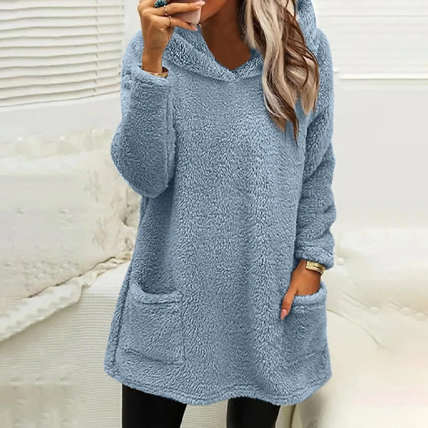 Sherpa Hoodie Dress for Women Cute Fuzzy Long Sleeve Sweatshirt Dress Casual Fall Mini Sweater Dress with Pockets