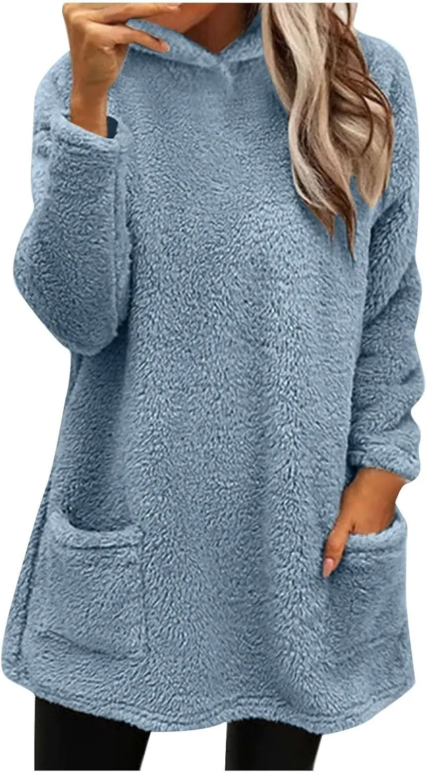 Sherpa Hoodie Dress for Women Cute Fuzzy Long Sleeve Sweatshirt Dress Casual Fall Mini Sweater Dress with Pockets