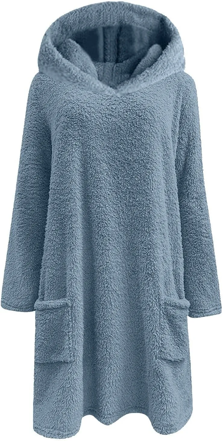 Sherpa Hoodie Dress for Women Cute Fuzzy Long Sleeve Sweatshirt Dress Casual Fall Mini Sweater Dress with Pockets