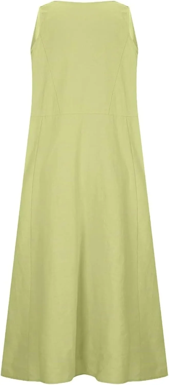 Sleeveless Maxi Long Beach Shirt Dress Women's Summer Casual Sleeveless Long Maxi Beach Dress Cotton Casual Dress