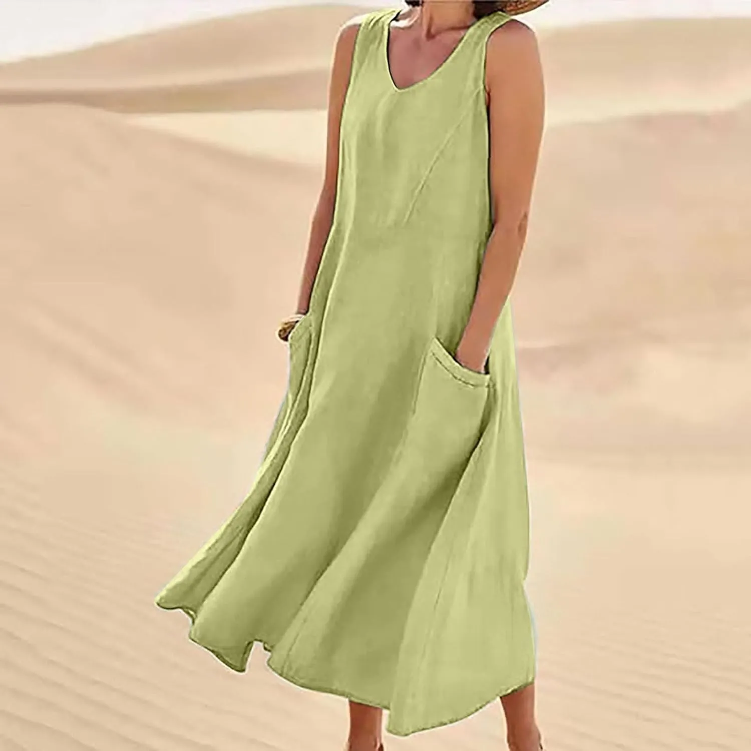 Sleeveless Maxi Long Beach Shirt Dress Women's Summer Casual Sleeveless Long Maxi Beach Dress Cotton Casual Dress