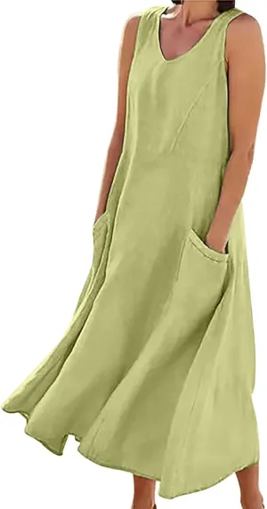 Sleeveless Maxi Long Beach Shirt Dress Women's Summer Casual Sleeveless Long Maxi Beach Dress Cotton Casual Dress