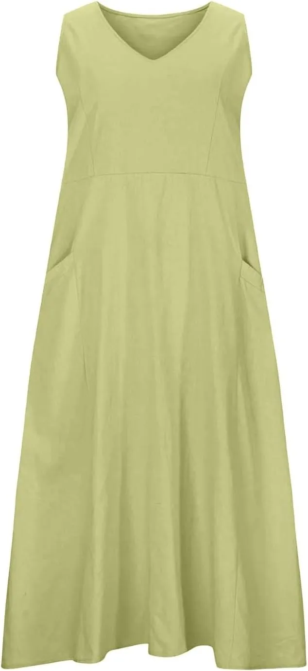 Sleeveless Maxi Long Beach Shirt Dress Women's Summer Casual Sleeveless Long Maxi Beach Dress Cotton Casual Dress