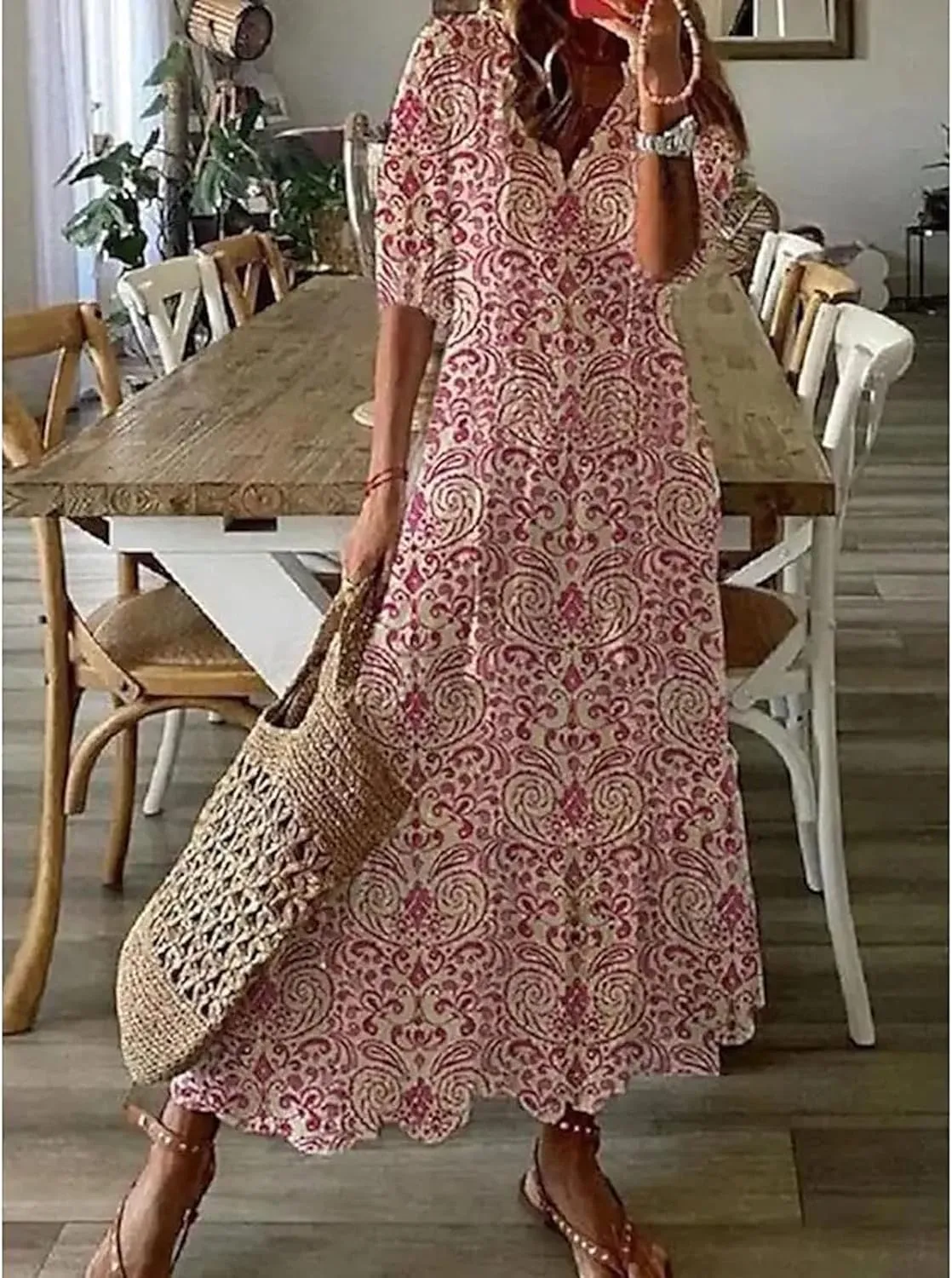 SMIDOW Womens Casual Spring Summer Boho Printed Dress V-Neck Three-Quarter Sleeve Dress A-Line Hide Belly Dress
